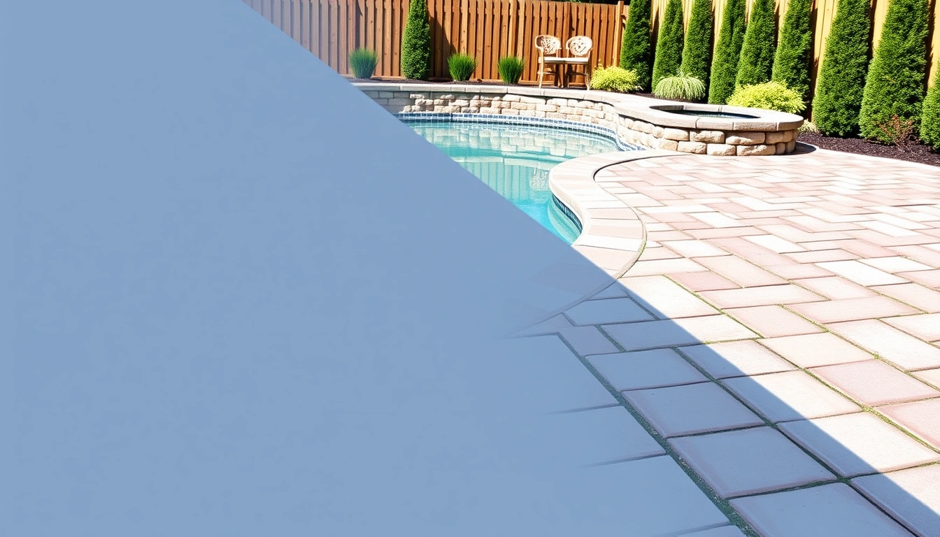 Workers re-leveling sunken pool deck pavers on a compacted base